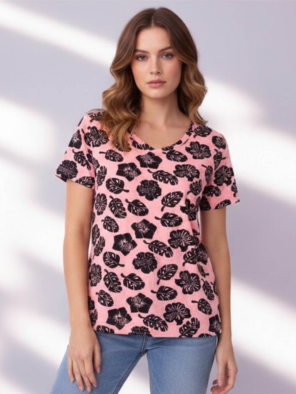 For The Republic Women's Pink Floral Tropical Leaf Pocket Tee Shirt Small NWT